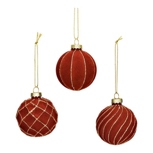 Weihnachtskugel aus Glas beflokt, 3 caras, Rojo Ø6cm