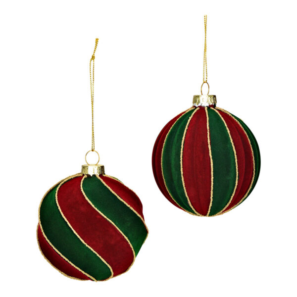 Weihnachtskugel aus Glas beflokt, 2 caras, Rojo/Verde Ø8cm